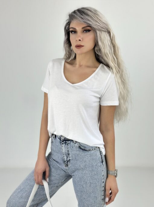 Beyaz V Yaka Dökümlü Penye Tshirt - Görsel 4