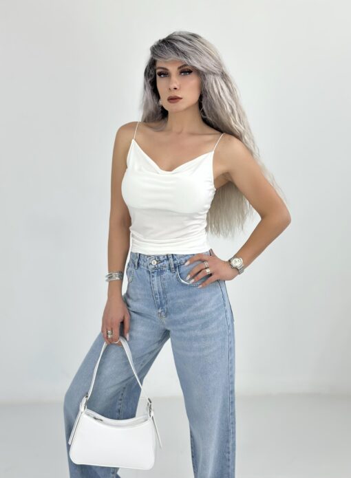 Beyaz İp Askılı Degaje Yaka Bluz - Görsel 2