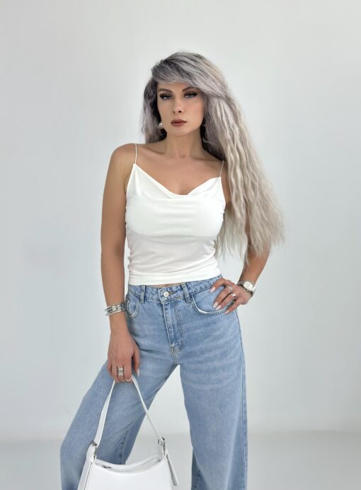 Beyaz İp Askılı Degaje Yaka Bluz