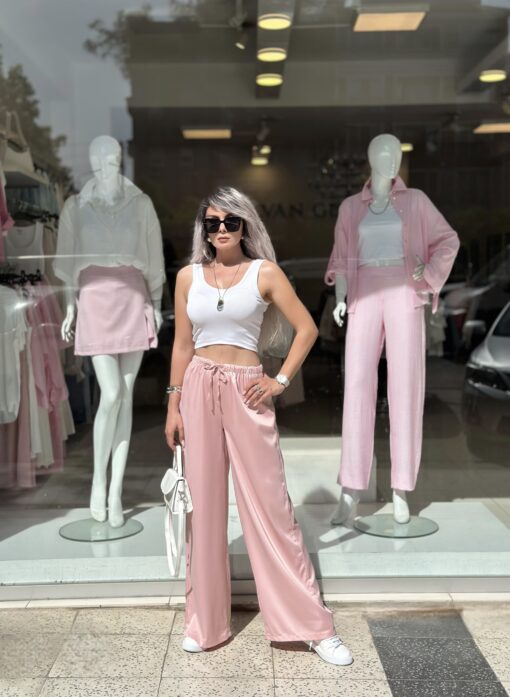 Pudra Pembe Saten Bağcıklı Pantolon - Görsel 3