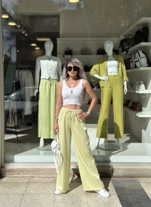 Limon Yeşili Saten Bağcıklı Pantolon