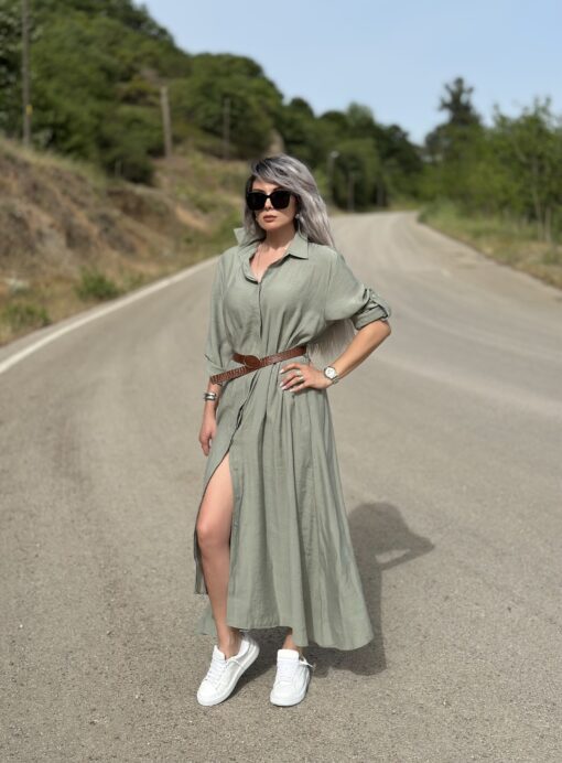 Mint Yeşil Kemerli Tensel Kumaş Uzun Gömlek Elbise