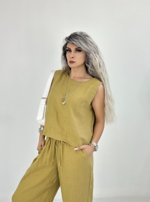 Yağ Yeşili Keten Kolsuz Takım - Görsel 2