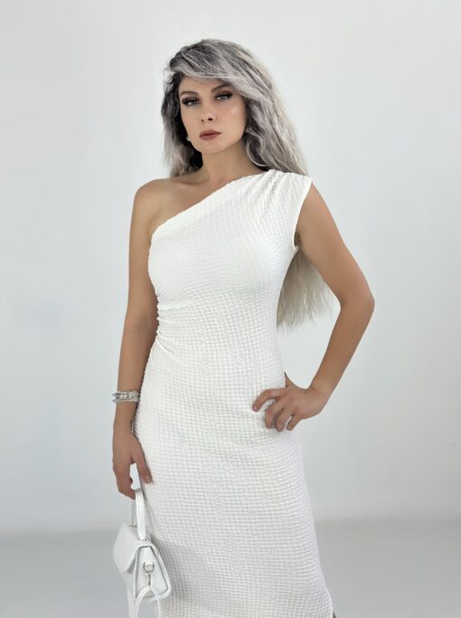 Beyaz Tek Omuz Yan Yırtmaç Maxi Elbise - Görsel 4