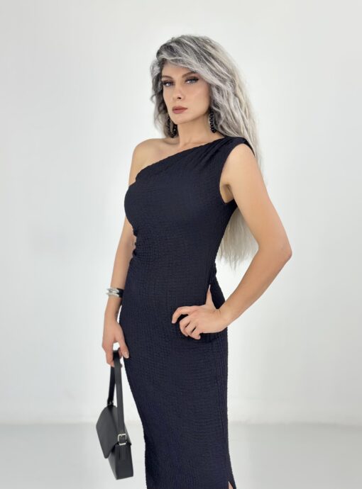 Siyah Tek Omuz Yan Yırtmaç Detay Maxi Elbise