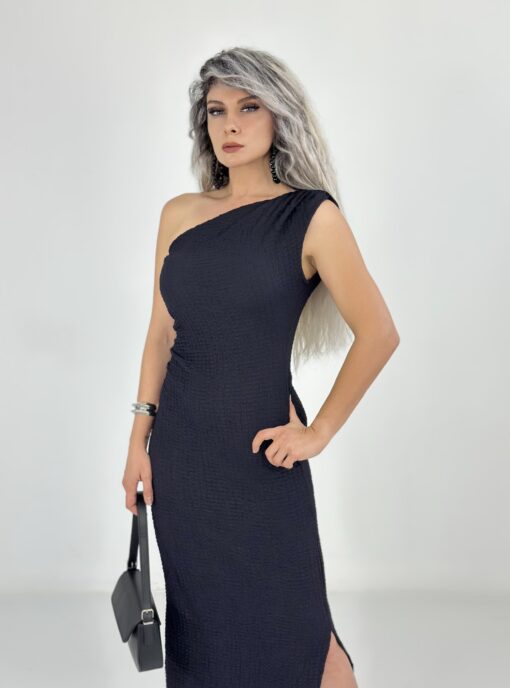 Siyah Tek Omuz Yan Yırtmaç Detay Maxi Elbise - Görsel 3