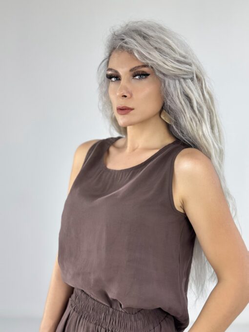 Kahve Tensel Kumaş Kolsuz Takım - Görsel 4