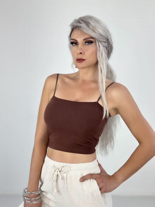 Kahve İp Askılı Gögüs Destekli Crop Atlet - Görsel 2