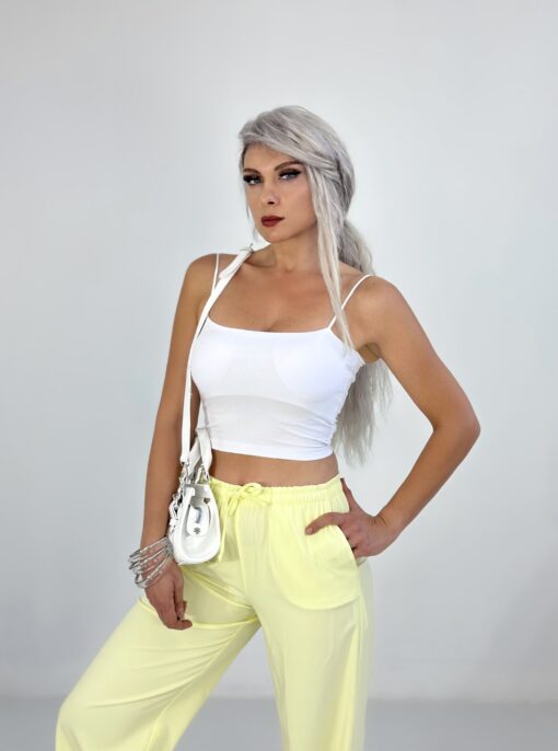 Limon Sarısı Bel Lastikli Bol Paça Pantolon - Görsel 3
