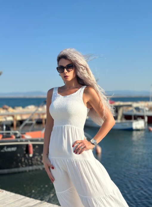 Beyaz Kolsuz Müslin Kumaş Uzun Elbise - Görsel 2