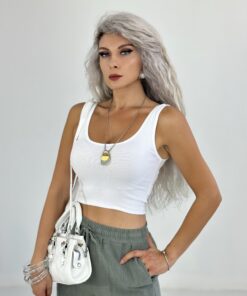 Beyaz Kalın Askılı Penye Crop Atlet