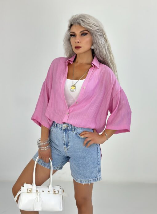Pembe Yarım Kol Yarı Transparan Gömlek - Görsel 2