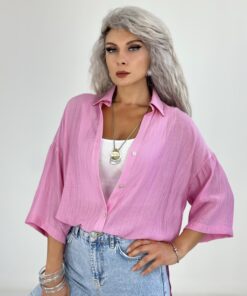 Pembe Yarım Kol Yarı Transparan Gömlek
