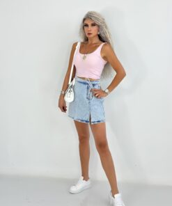 Pembe Kalın Askılı Penye Crop Atlet