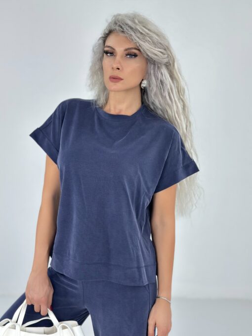 Lacivert Kısa Kol Modal Kumaş Takım - Görsel 2