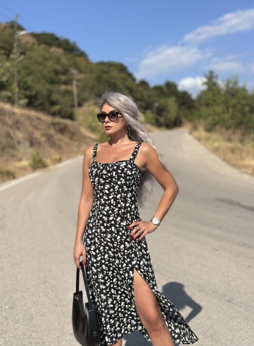 Siyah Çiçekli Askılı Yırtmaçlı Midi Boy Elbise - Görsel 3