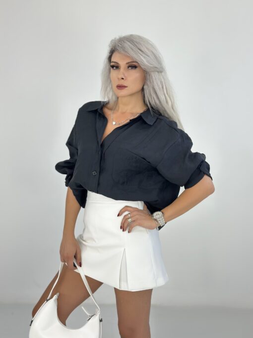 Siyah Tensel Kumaş Oversize Gömlek - Görsel 4