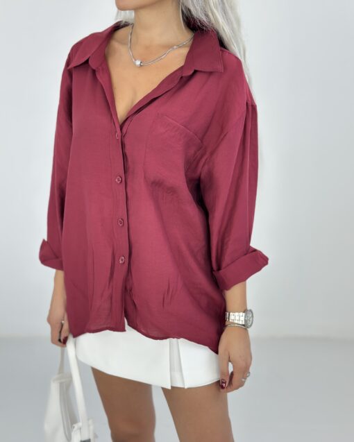 Bordo Tensel Kumaş Oversize Gömlek - Görsel 3