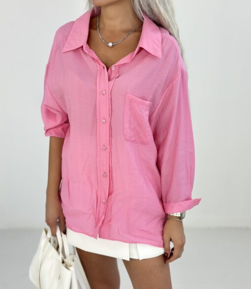 Pembe Bürümcük Kumaş Oversize Gömlek - Görsel 3