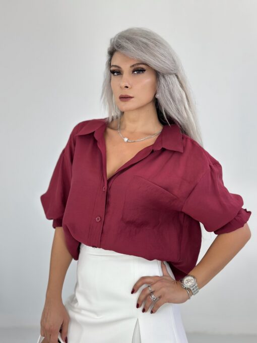 Bordo Tensel Kumaş Oversize Gömlek - Görsel 2