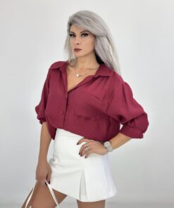 Bordo Tensel Kumaş Oversize Gömlek