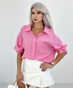 Pembe Bürümcük Kumaş Oversize Gömlek