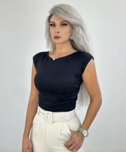 Siyah Yan Büzgülü T Kol Crop Body