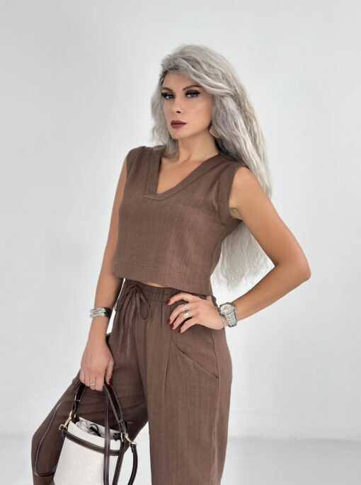 Kahve Kısa Kolsuz Keten Relax Takım - Görsel 2