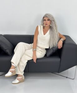 Krem Kısa Kolsuz Keten Relax Takım