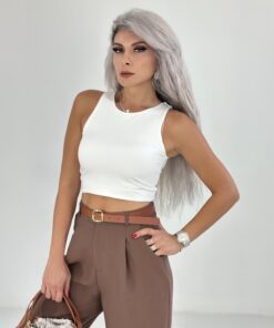 Beyaz Dalgıç Kumaş Halter Yaka Crop Atlet