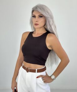 Kahve Dalgıç Kumaş Halter Yaka Crop Atlet