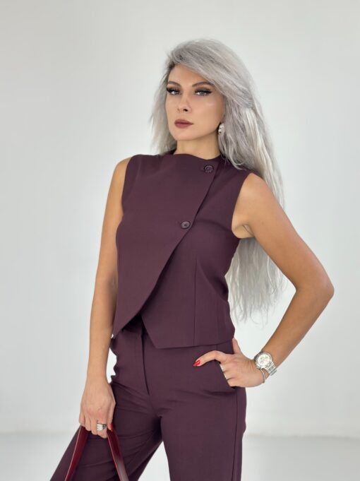 Bordo Çift Düğme Yelekli Takım - Görsel 4