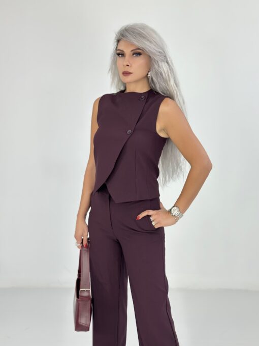 Bordo Çift Düğme Yelekli Takım - Görsel 3