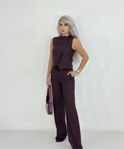 Bordo Çift Düğme Yelekli Takım