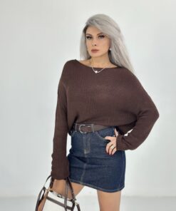Kahve Kayık Yaka İnce Salaş Triko
