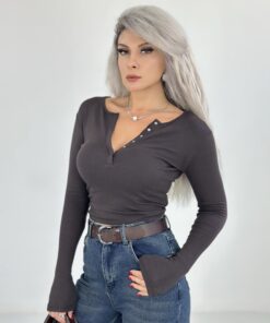 Kahve Önden Çıtçıtlı Uzun Kol Body
