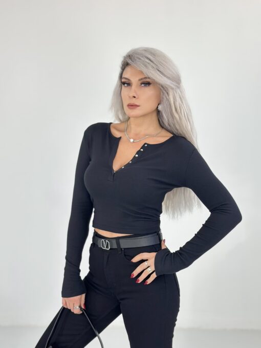 Siyah Önden Çıtçıtlı Uzun Kol Body - Görsel 4