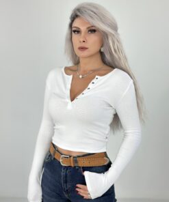 Beyaz Önden Çıtçıtlı Uzun Kol Body