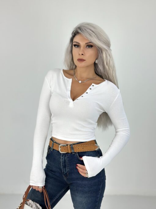 Beyaz Önden Çıtçıtlı Uzun Kol Body - Görsel 4