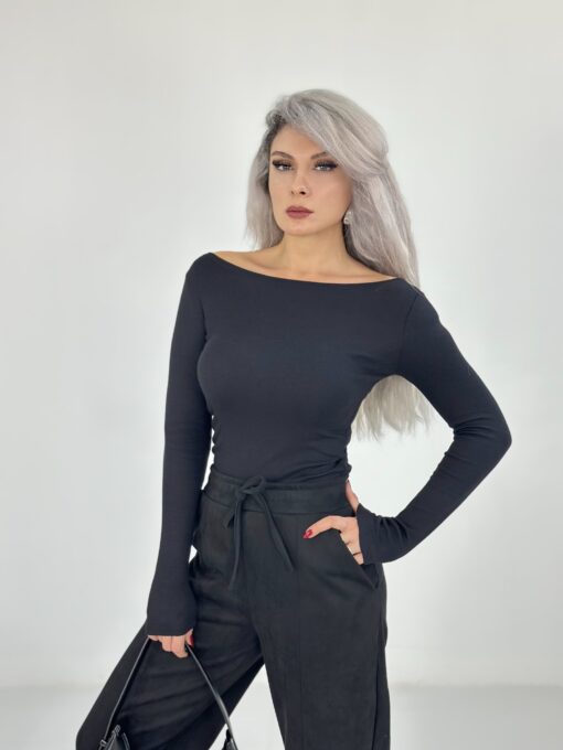 Siyah Kayık Yaka Yumoş Body - Görsel 3
