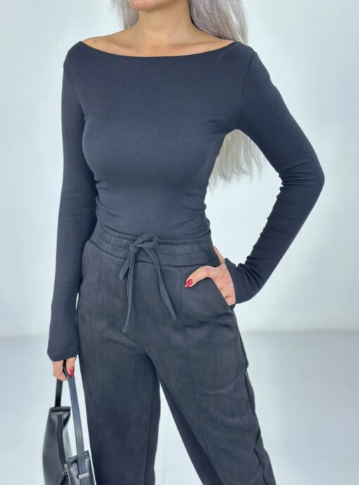 Siyah Kayık Yaka Yumoş Body - Görsel 2