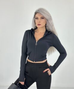 Siyah Parmak Geçmeli Fermuarlı Sweat