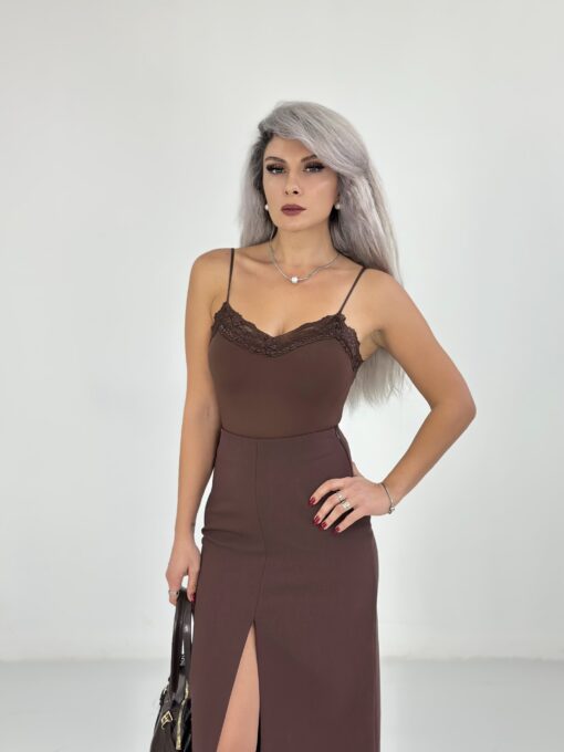 Kahve Dantel Yaka İp Askılı Bodysuit - Görsel 4