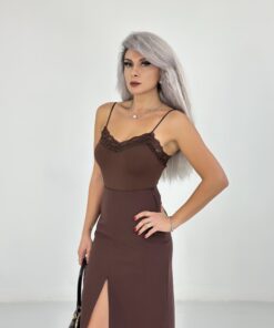 Kahve Dantel Yaka İp Askılı Bodysuit