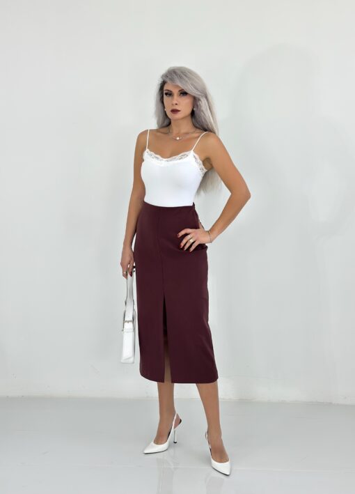 Bordo Ön Yırtmaç Detay Midi Etek - Görsel 2