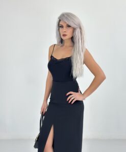 Siyah Dantel Yaka İp Askılı Bodysuit