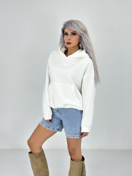 Beyaz Şardonlu Cepli Sweatshirt - Görsel 2