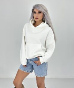 Beyaz Şardonlu Cepli Sweatshirt