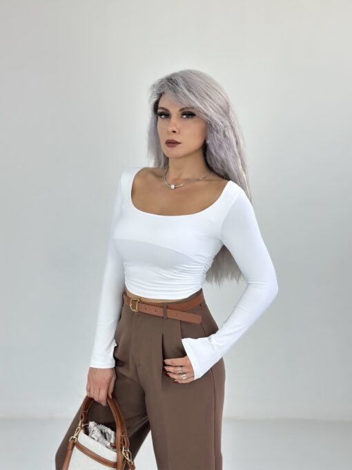 Beyaz Geniş Yaka Uzun Kol Body - Görsel 2