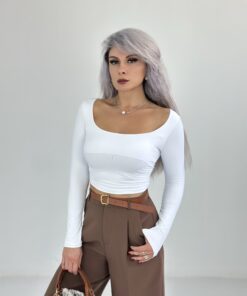 Beyaz Geniş Yaka Uzun Kol Body